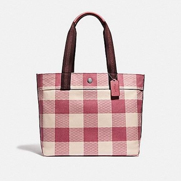 Coach Handbags - Coach Strawberry Buffalo Check Plaid Leather-Trim Canvas Tote
